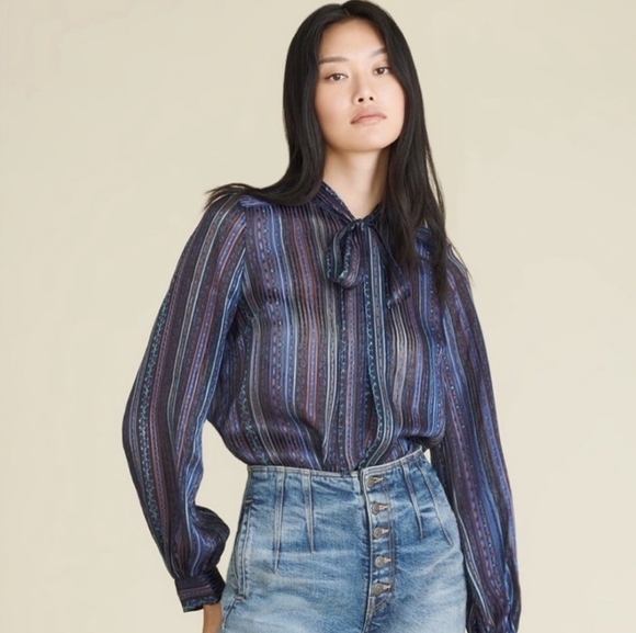 Veronica Beard Navy Malaya Mixed Stripe Tie Silk Button Down Blouse NWT Size 10 - Picture 1 of 14